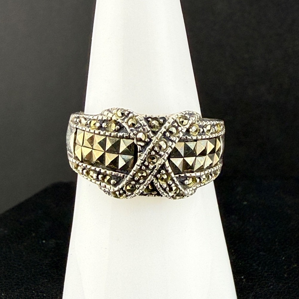 Vintage SU Band Ring Silver Marcasite Cocktail Estate 925 Size 8